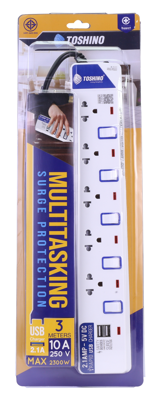 TOSHINO POWERSTRIP 5SOCKETS 5SWITCH 3M.USB2.1A