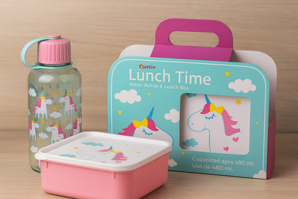 S2-443Q - UN Unicorn Set of Lunch Box  (443 + 0417)   Multi-lunch Box 870 ml.  RD PET Water 480 ml Bottle