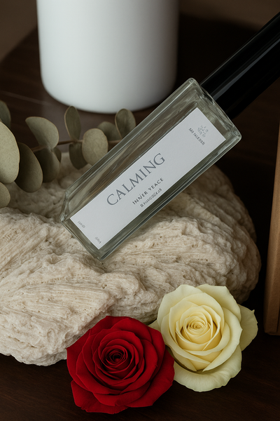 A bottle of 'Calming' diffuser with a label, surrounded by red and white roses on a textured surface.