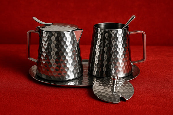 Premium Hammered Stainless Steel Milk & Sugar Set (MADE TO ORDER 50 pcs. = 1 ctn. )