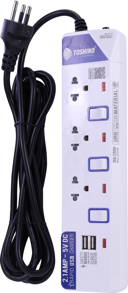 TOSHINO POWERSTRIP 3SOCKETS 3SWITCH 3M.USB2.1A